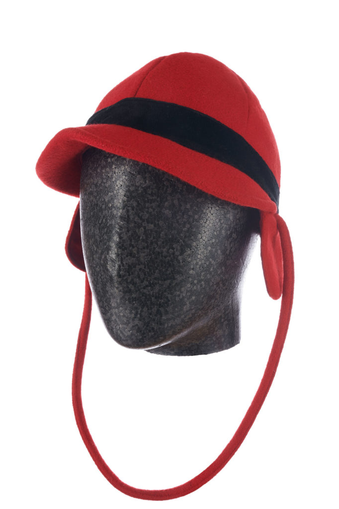 Men's red felt hat with red strap and black velvet band