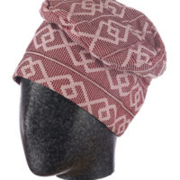Burgundy and pale pink men's fila hat with silver thread, made from strip woven aso-oke cloth.