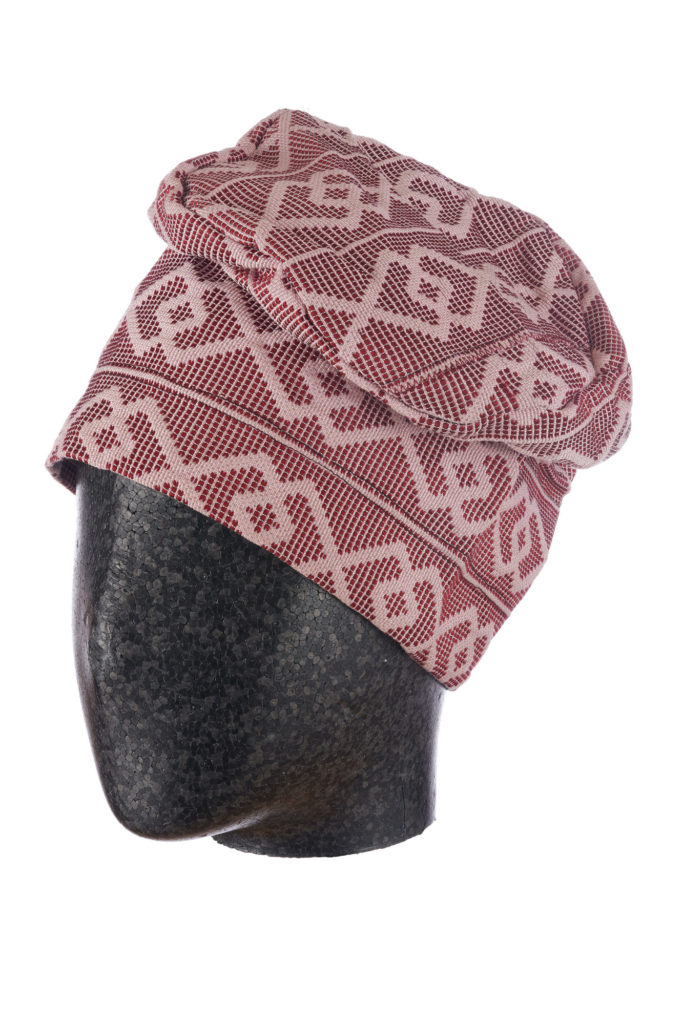 Burgundy and pale pink men's fila hat with silver thread, made from strip woven aso-oke cloth.