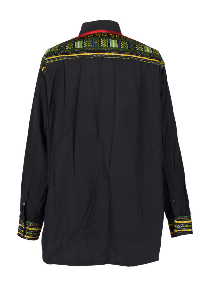 Back view of a black dress shirt made of dashiki fabric