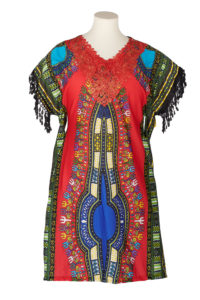 red blue and black dashiki dress with red lace at the yoke and black lace fringing at the shoulder