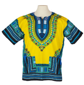 Woman's yellow and blue dashiki shirt on a mannequin