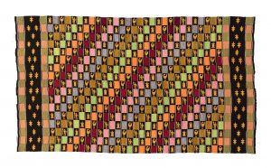 narrow strip woven man’s kente cloth multicoloured design with motifs including Sanfoka birds, tortoises and people with geckos along the borders.