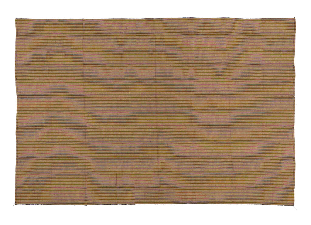 brown kente cloth with thin black, white, red, green and yellow horizontal stripes