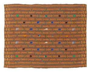 Brown and orange kente cloth with colourful animal motifs