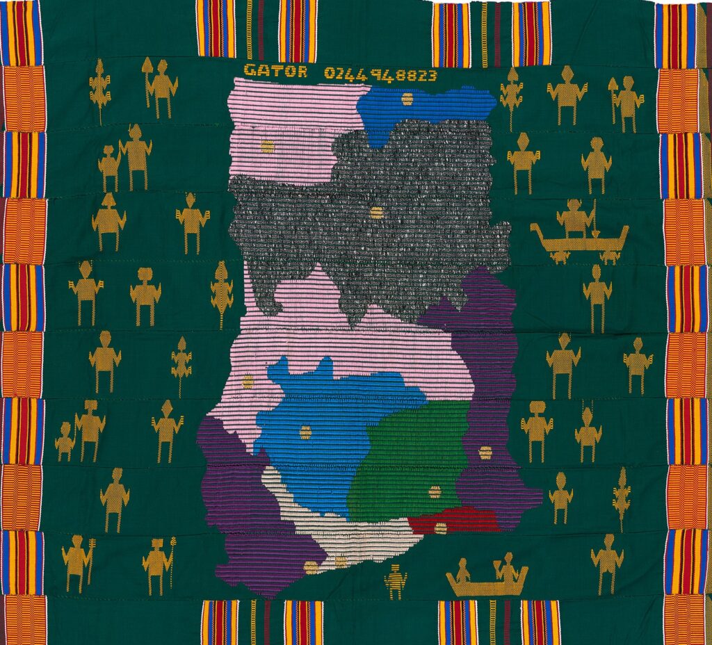 green kente cloth with a design of a map of Ghana surrounded by human figures