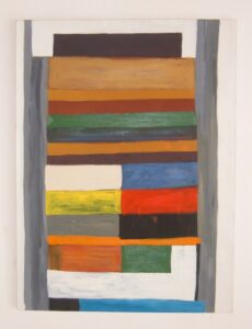 Painting on canvas, composed of coloured blocks and stripes